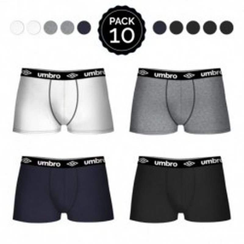 Set 10 Boxers UMBRO 4Negro/2Blanco/2Azul/2Gris  - 65% polyester 35% algodón - Talla XL