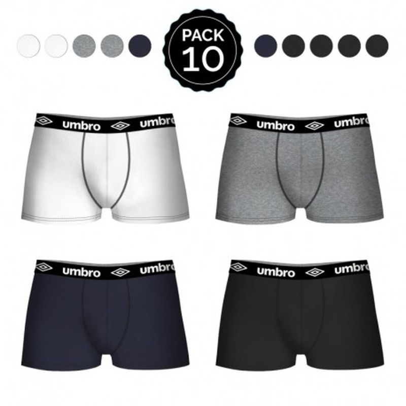 Set 10 Boxers UMBRO 4Negro/2Blanco/2Azul/2Gris  - 65% polyester 35% algodón - Talla XL
