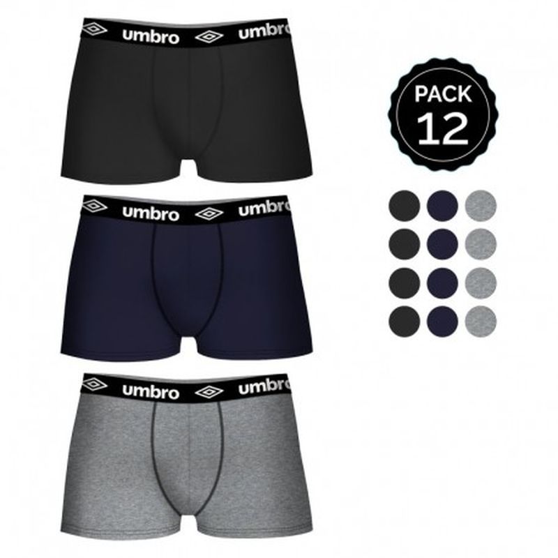 Set 12 Boxers UMBRO 4Negro/4Gris/4Marino 100% algodón (salvo gris: 65% polyester 35% algodón)- Talla S