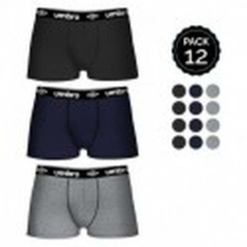 Set 12 Boxers UMBRO 4Negro/4Gris/4Marino 100% algodón (salvo gris: 65% polyester 35% algodón)- Talla S