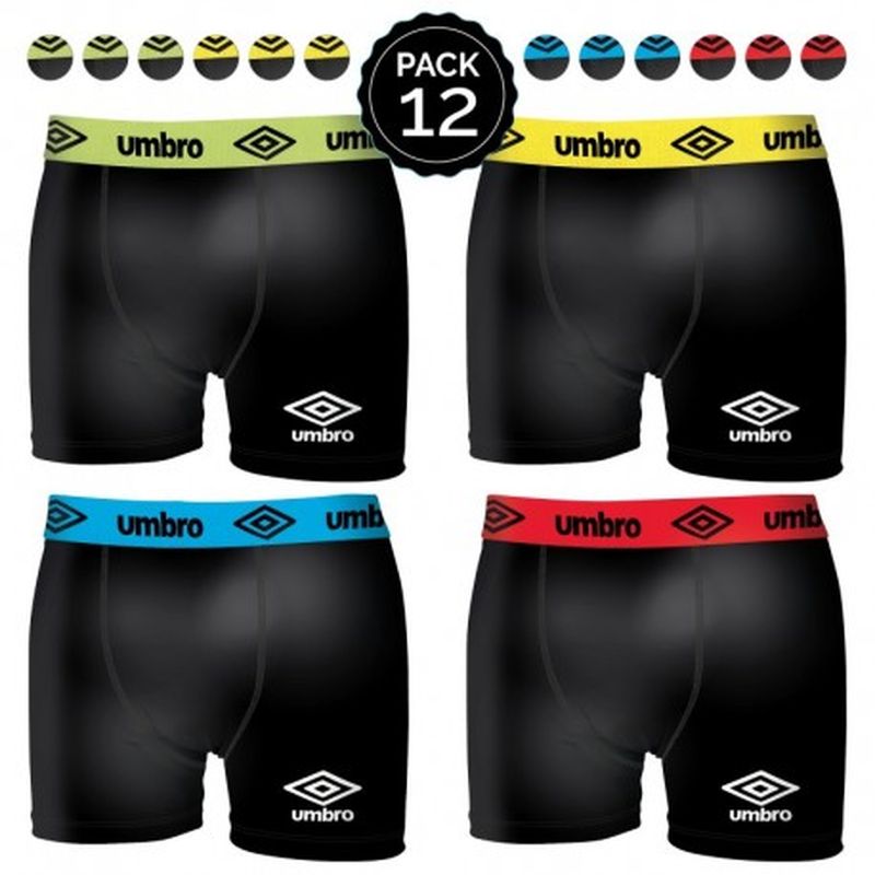 Set 12 Boxers UMBRO Negro(cintura verde/amarilla/azul/roja) - 95% algodón 5% elastano - Talla L