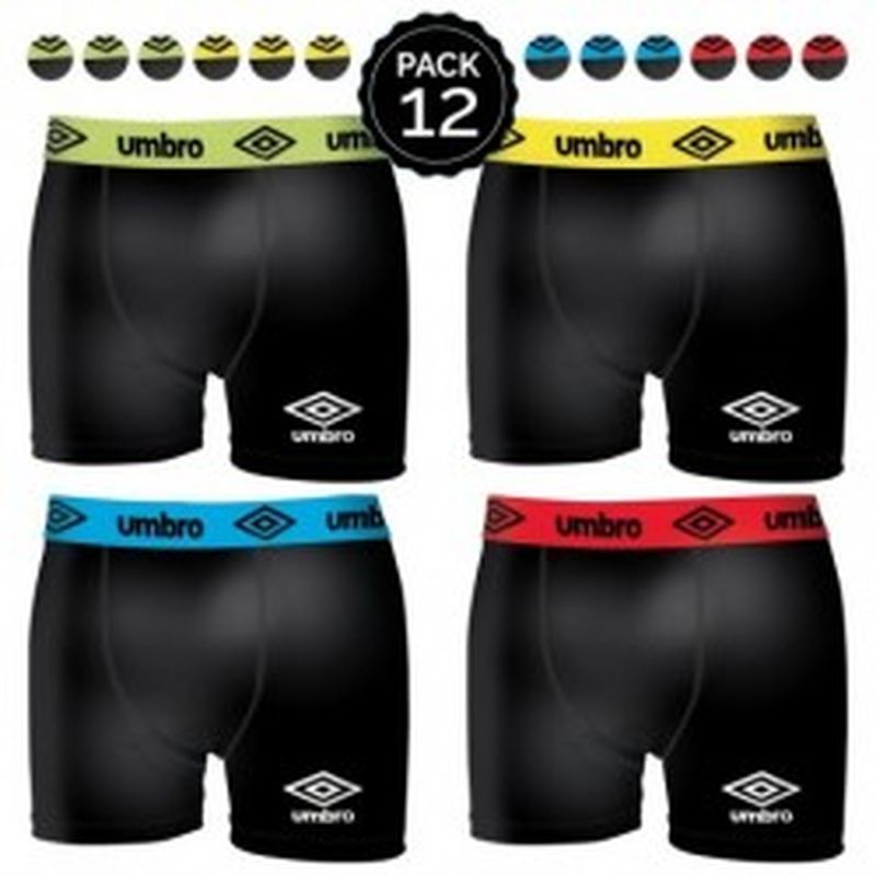 Set 12 Boxers UMBRO Negro(cintura verde/amarilla/azul/roja) - 95% algodón 5% elastano - Talla XL
