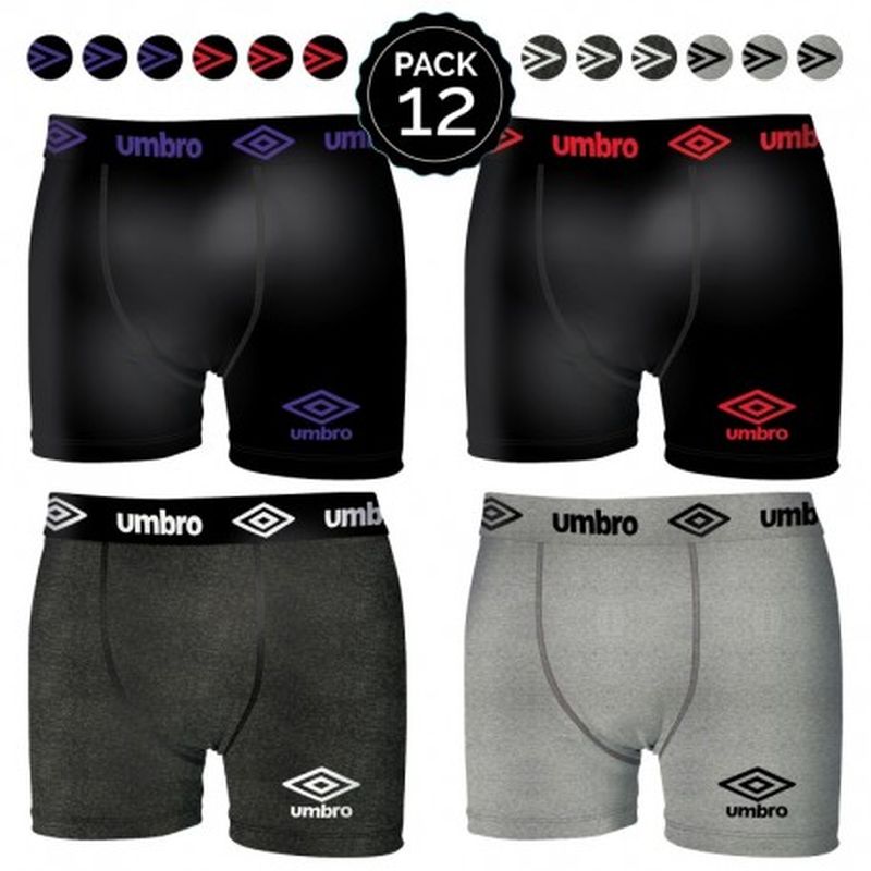 Set 12 Boxers UMBRO Negro(morado)/Negro(rojo)/Gris oscuro/Gris claro - Talla XL