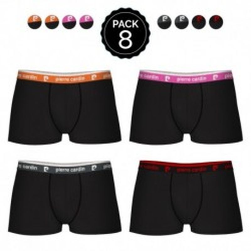 Set 8 boxers Pierre Cardin Negros con cintura en color Naranja/Rosa/Gris/Rojo 95% algodón 5% elastano