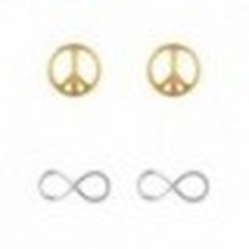 2 PARES DE PENDIENTES. SIMBOLO PAZ DORADO E INFINITO COLOR PLATA