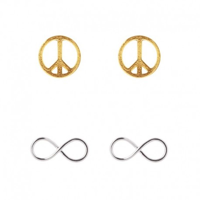 2 PARES DE PENDIENTES. SIMBOLO PAZ DORADO E INFINITO COLOR PLATA