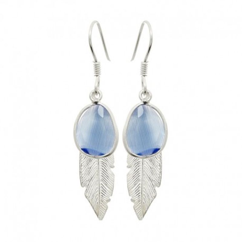 PENDIENTES PLUMA CON PIEDRA AZUL. COLOR PLATA