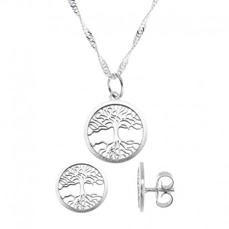 CONJUNTO COLGANTE CON CADENA Y PENDIENTES ARBOL DE LA VIDA. COLOR PLATA