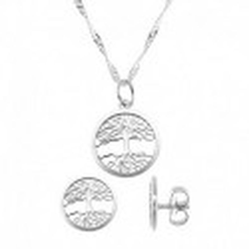 CONJUNTO COLGANTE CON CADENA Y PENDIENTES ARBOL DE LA VIDA. COLOR PLATA