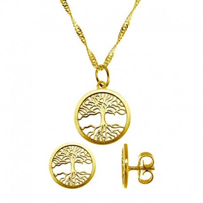 CONJUNTO COLGANTE CON CADENA Y PENDIENTES ARBOL DE LA VIDA. COLOR BAÑO ORO AMARILLO