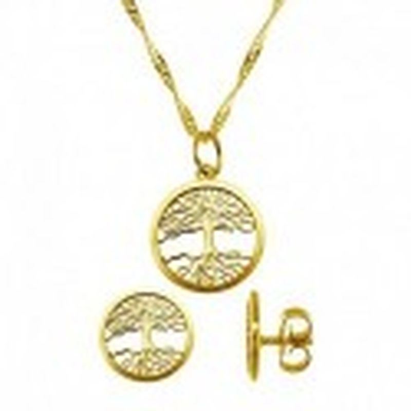 CONJUNTO COLGANTE CON CADENA Y PENDIENTES ARBOL DE LA VIDA. COLOR BAÑO ORO AMARILLO