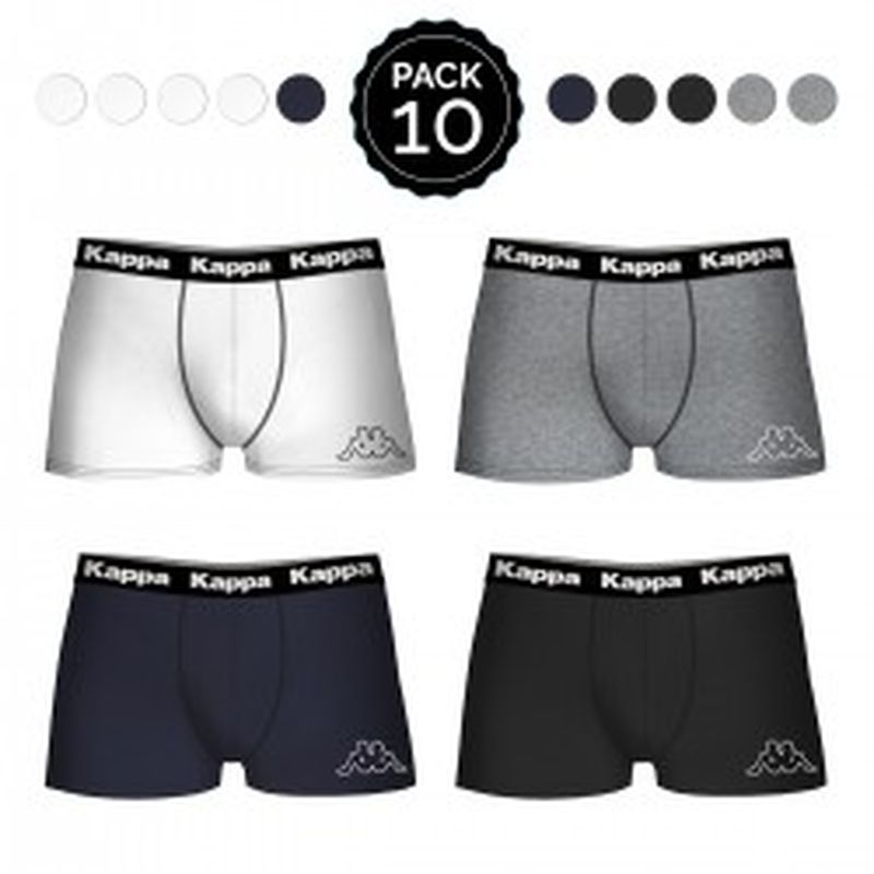 Set 10 Boxers KAPPA 4Negro/2Blanco/2Azul/2Gris  - 95% Algodon, 5% elastan salvo Gris: 65%polyester 35% algodón - Talla L