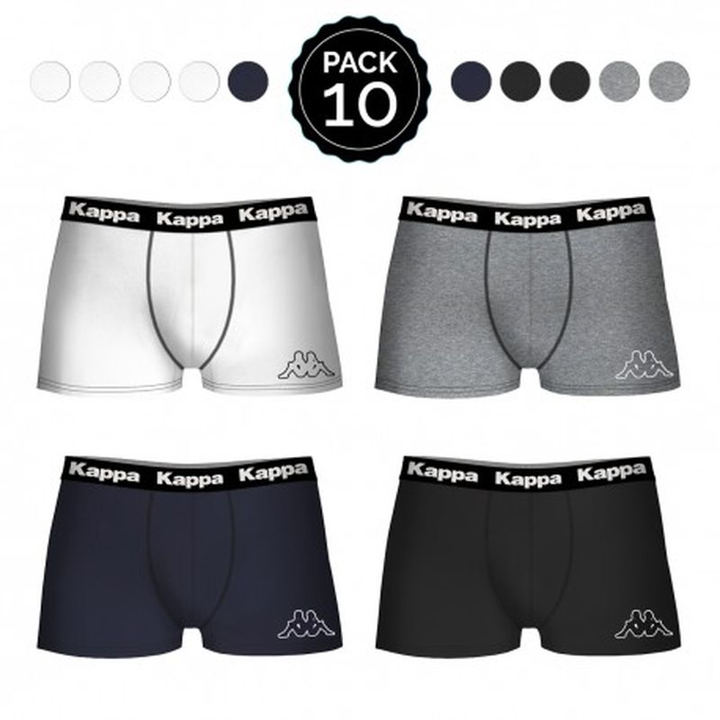 Set 10 Boxers KAPPA 4Negro/2Blanco/2Azul/2Gris  - 95% Algodon, 5% elastan salvo Gris: 65%polyester 35% algodón - Talla M