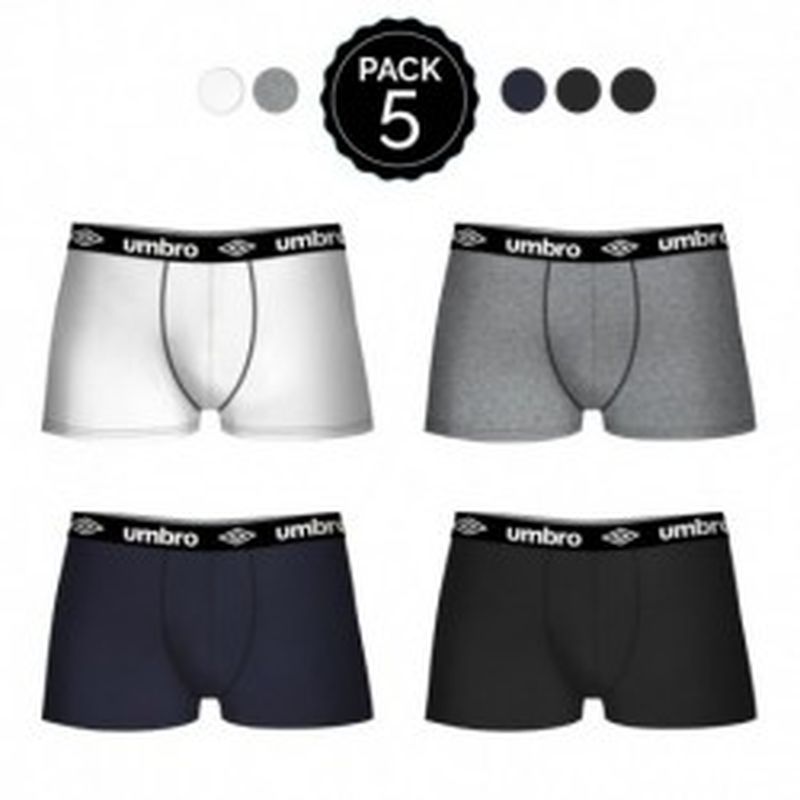 Set 5 Boxers UMBRO 2Negro/Blanco/Azul/Gris  - 65% polyester 35% algodón - Talla S