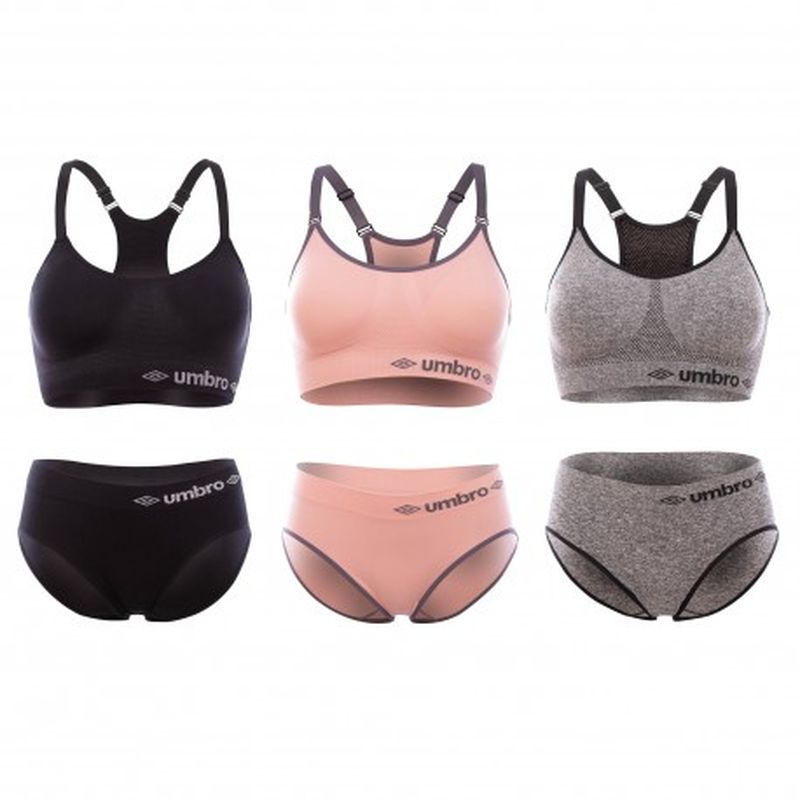 Set 3 juegos Sujetador&Slip deportivo femenino, negro/gris/rosa, sin costuras