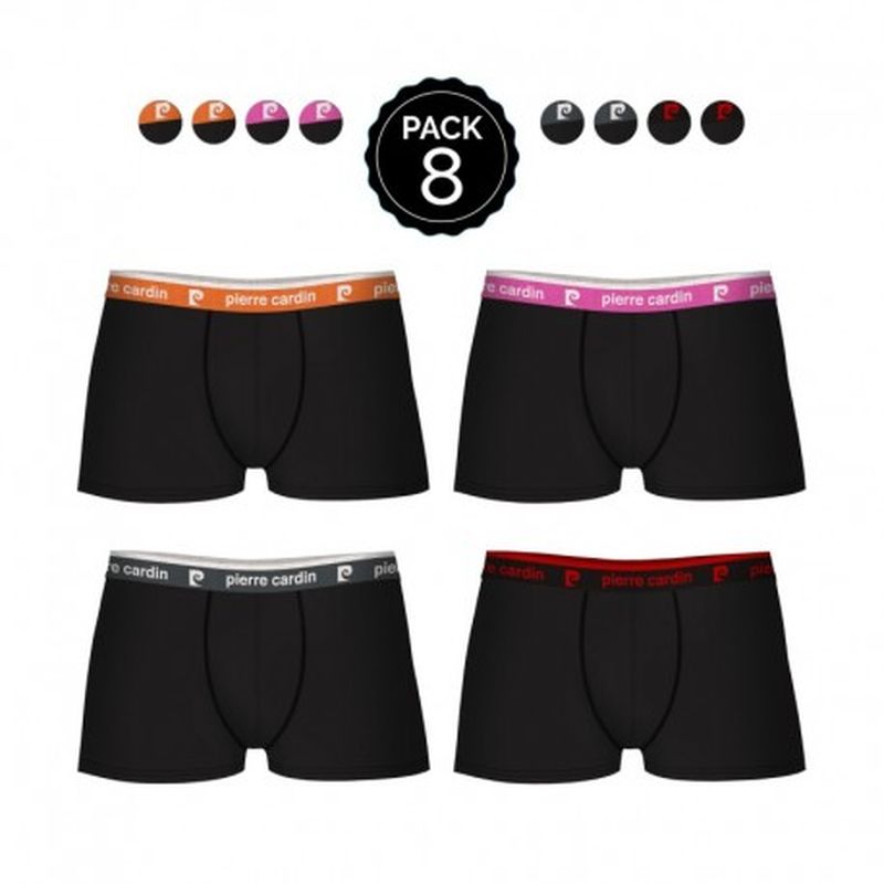 Set 8 boxers Pierre Cardin Negros con cintura en color Naranja/Rosa/Gris/Rojo 95% algodón 5% elastano