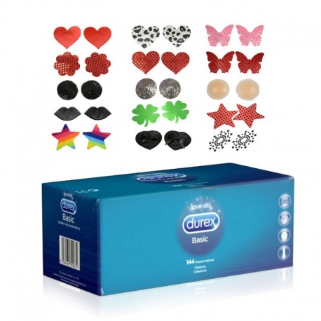 Preservativos DUREX + Juego Pezoneras surtidas - preservativos Basic - caja gran formato 144 uds.